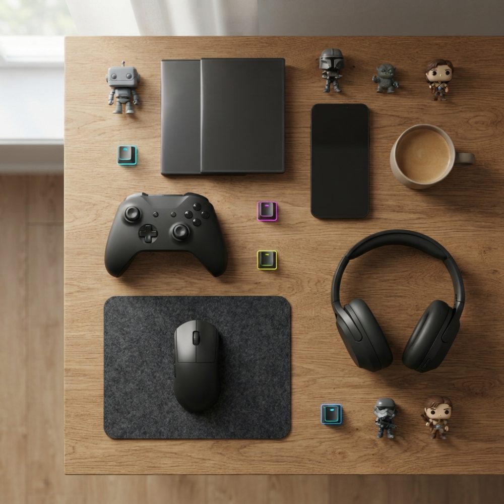 Acessórios de gaming como comando, rato, auscultadores, telemóvel e figuras colecionáveis sobre mesa de madeira