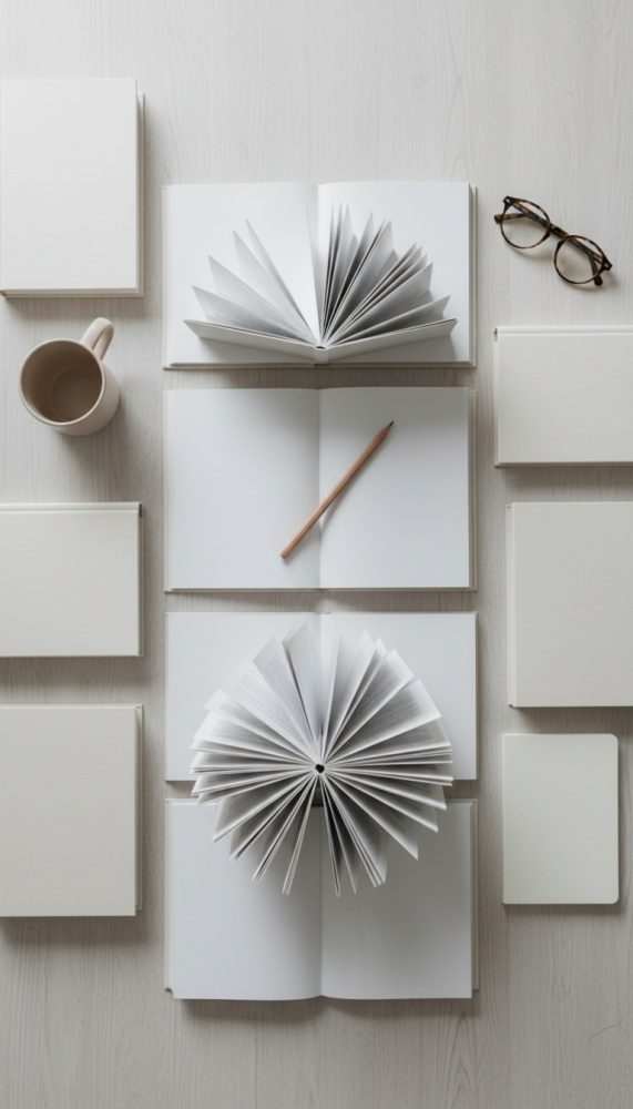 Livros em branco, caderno aberto com lápis, óculos e caneca sobre mesa clara