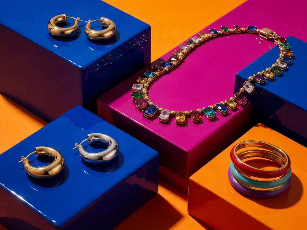 Brincos dourados e prateados, colar colorido e pulseiras sobre blocos brilhantes coloridos
