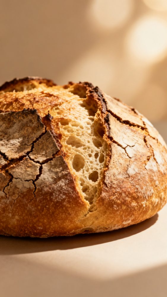 Pão rústico artesanal com crosta dourada e crocante, miolo aerado e textura natural