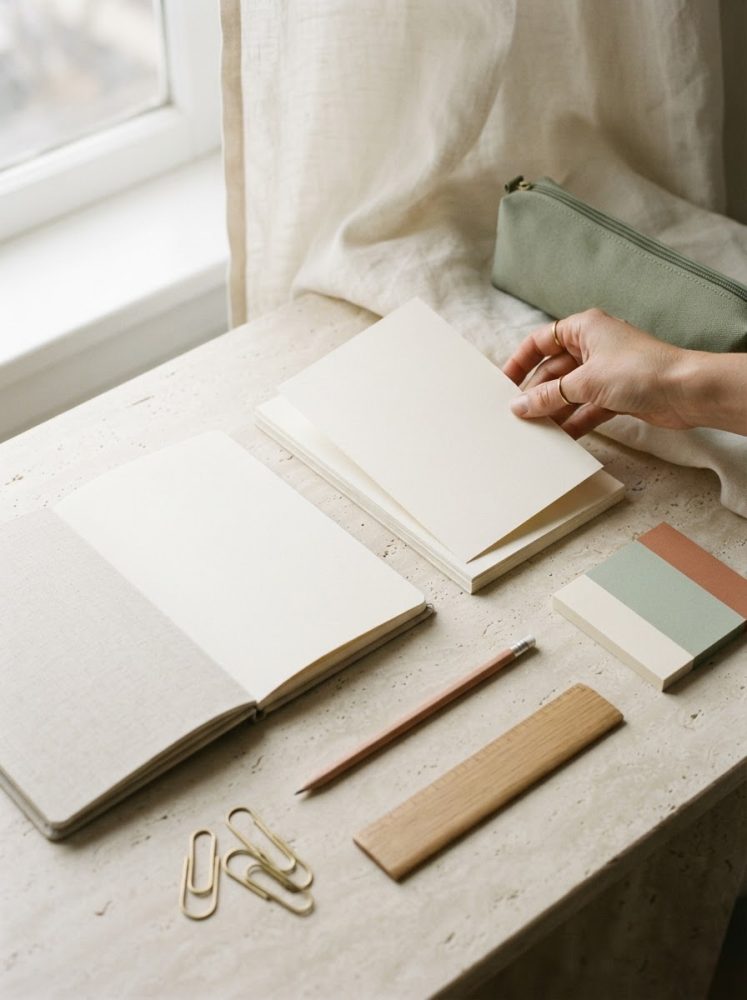Mão a folhear bloco de notas e papelaria minimalista com caderno, lápis e clips dourados sobre mesa clara
