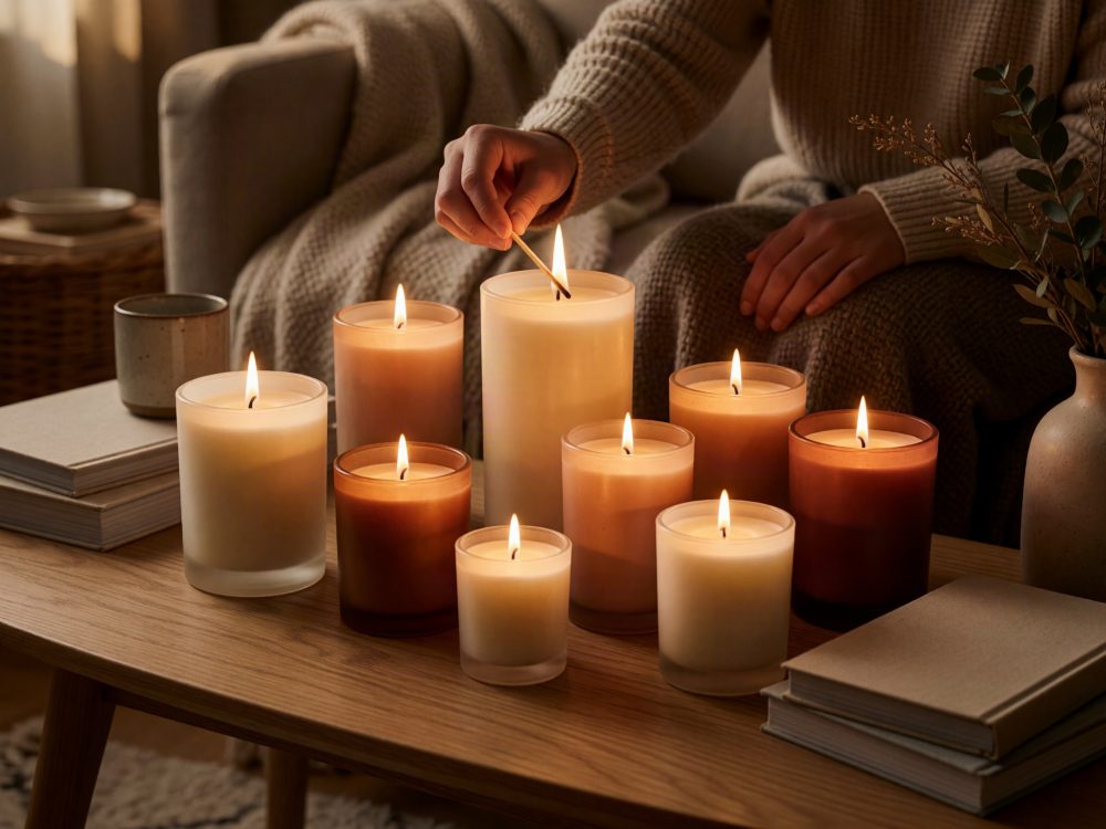 Mãos a acender vela grande em conjunto de velas acesas sobre mesa de madeira