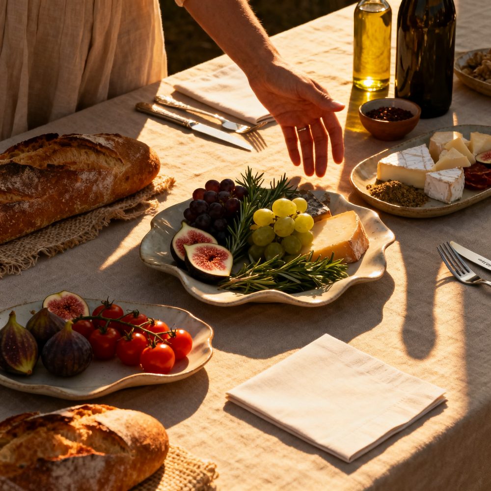 Mesa com petiscos de queijos, uvas, figos, tomates, pão rústico e garfos, com luz suave natural