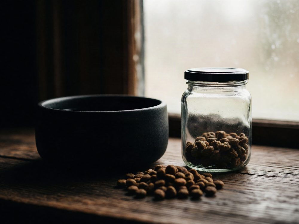 Recipiente preto, frasco de vidro com comida seca para animais sobre madeira rústica junto a janela