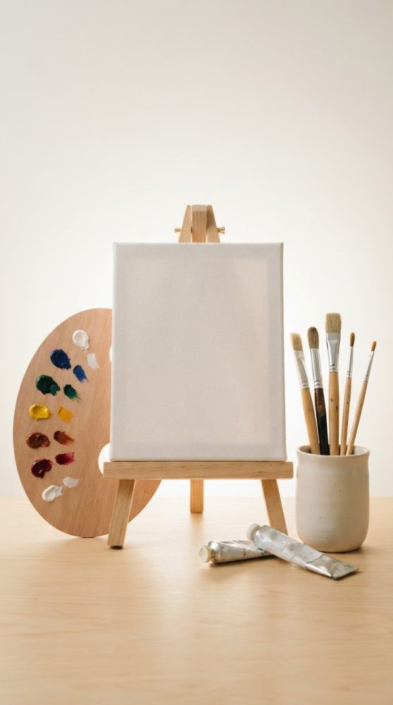 Conjunto de materiais de pintura com tela em cavalete, paleta de tintas, pincéis em pote e tubos de tinta