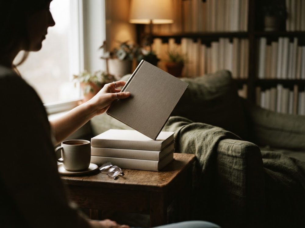 Pessoa a segurar um livro bege junto a livros empilhados, chávena e óculos numa mesa de madeira junto a sofá verde