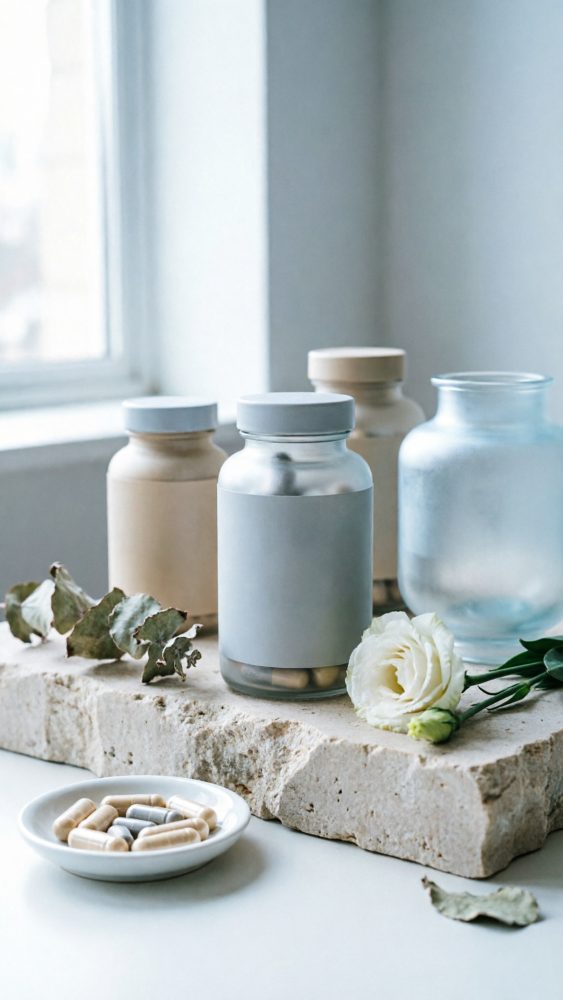 Frascos com suplementos naturais e cápsulas sobre pedra com flores, em luz natural suave