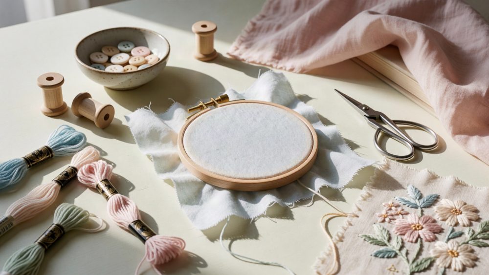 Bastidor de bordado com linhas de lã, botões, tesoura e tecido bordado com flores em cores pastel