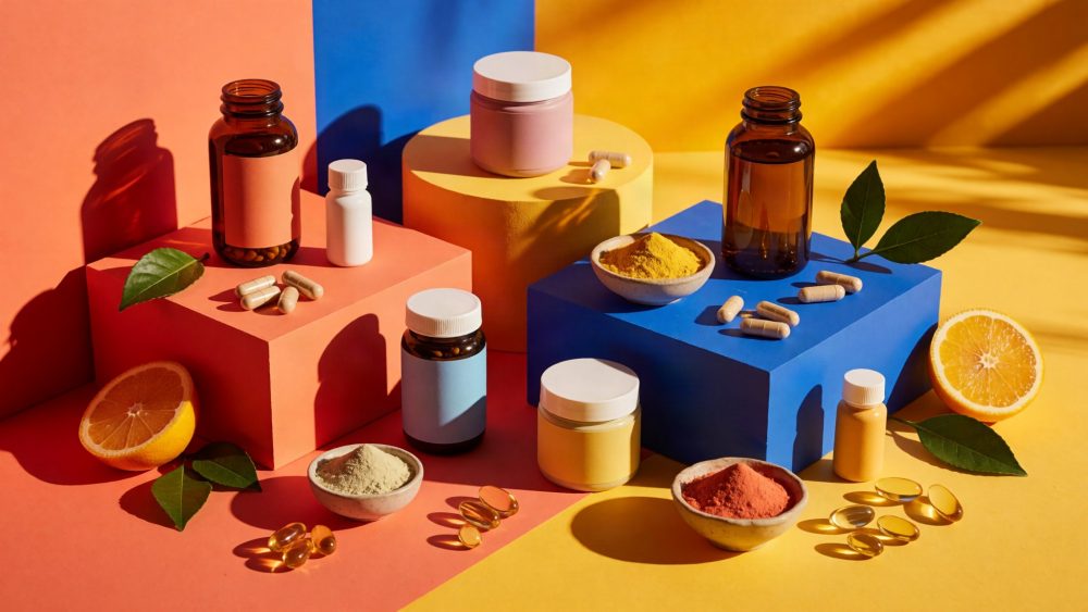 Suplementos em frascos e cápsulas dispostos em blocos coloridos com frutas cítricas e folhas verdes
