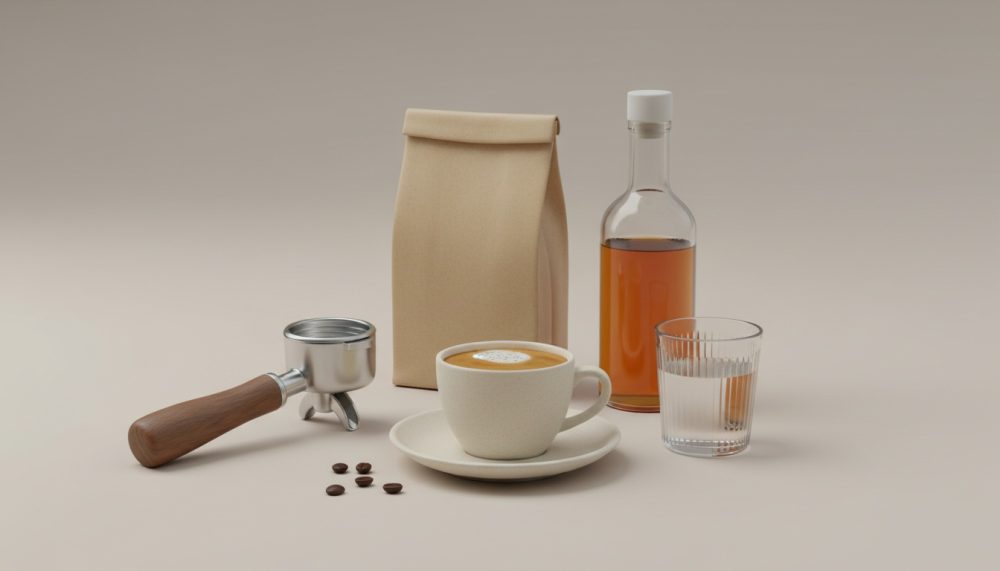 Conjunto minimalista de café com porta-filtro, saco, chávena de cappuccino, garrafa de xarope e copo de água