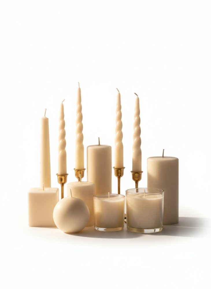 Conjunto de velas creme variadas em diferentes formatos e castiçais dourados sobre fundo branco