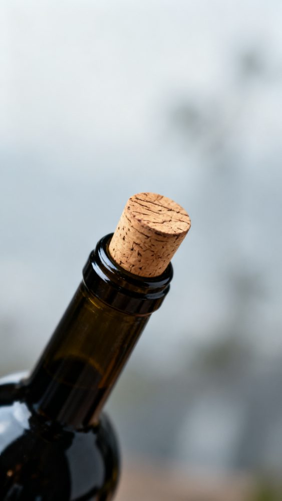 Garrafa de vinho escura com rolha de cortiça no gargalo com fundo desfocado neutro