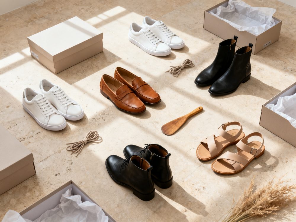 Variedade de calçado masculino e feminino sobre piso de mármore, com caixas e atacadores ao redor