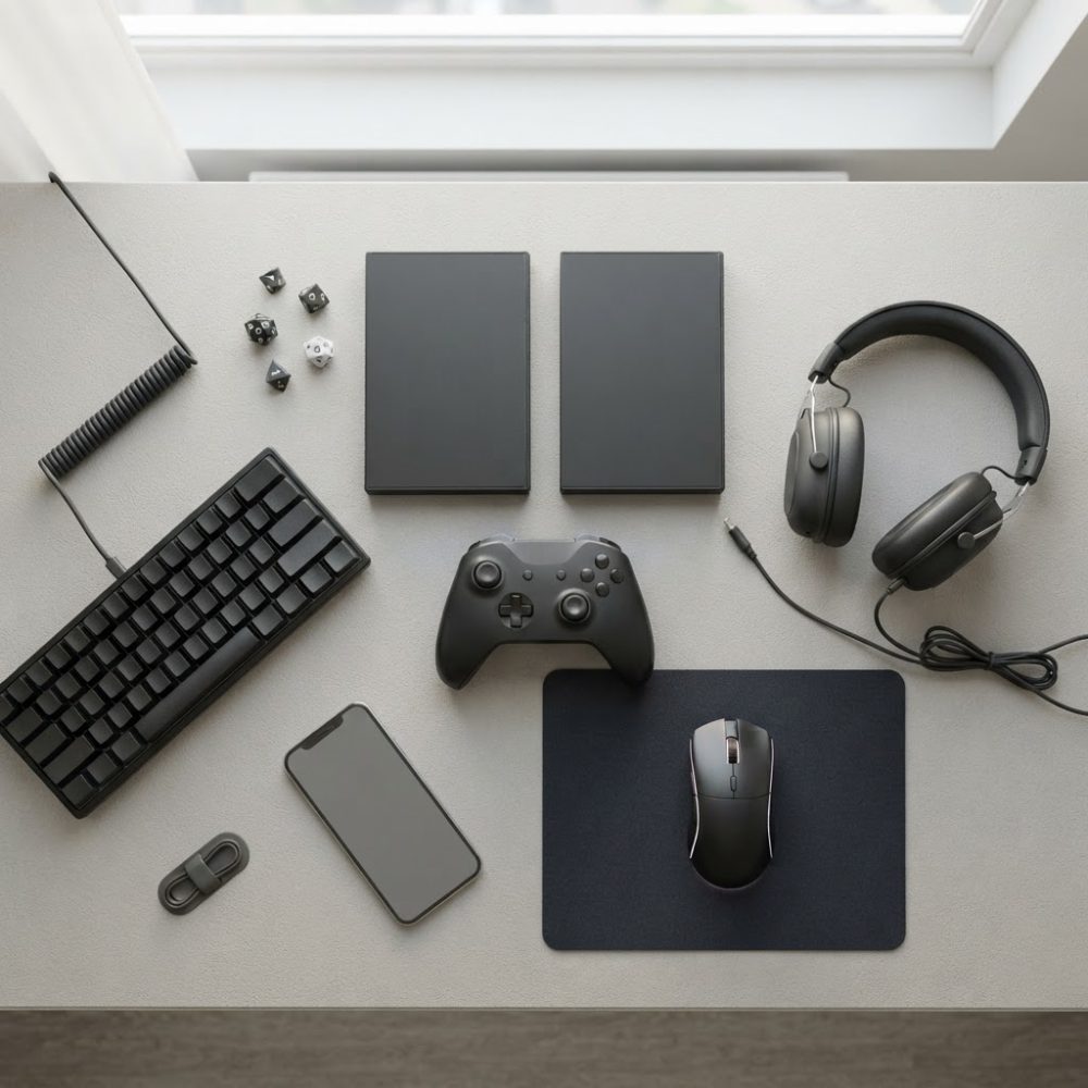 Mesa clara com teclado, comando, auscultadores, rato, smartphone e dados para gaming