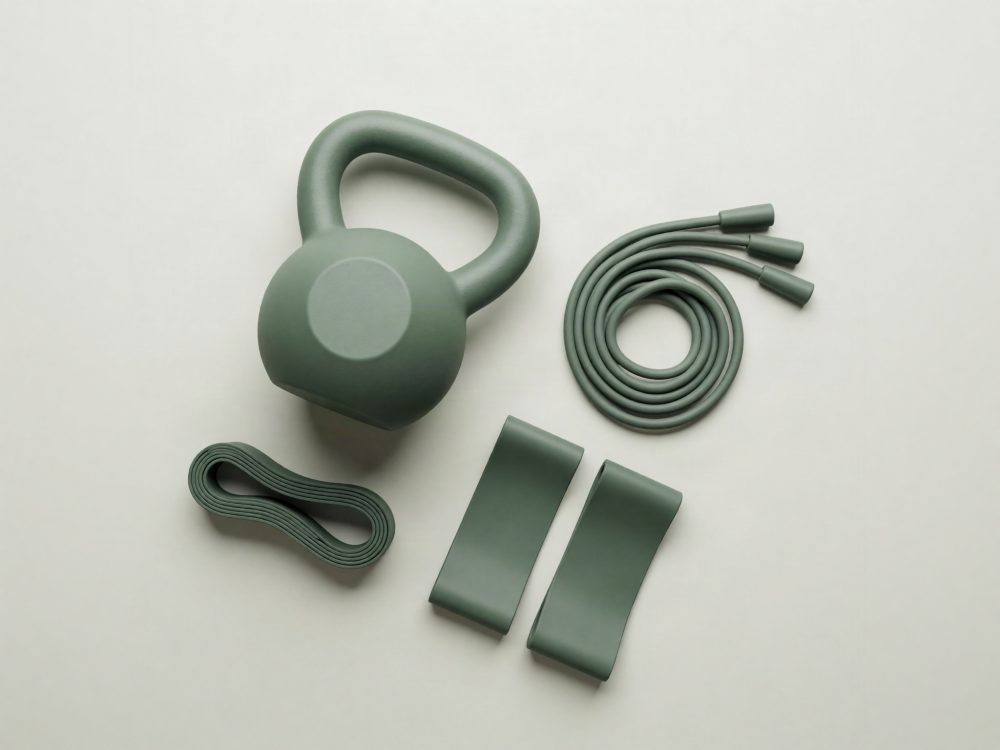 Conjunto verde de kettlebell, corda de saltar e bandas elásticas para treino desportivo