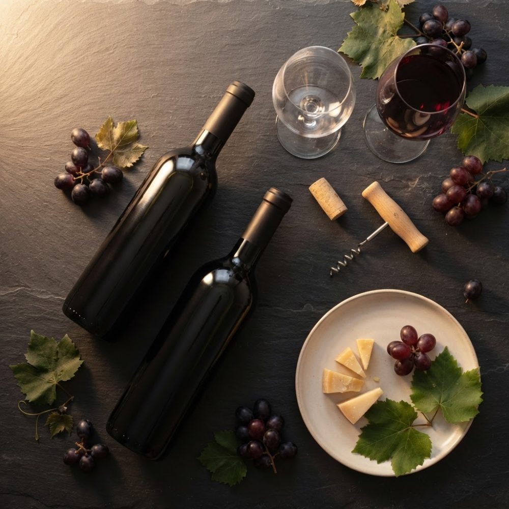 Garrafas de vinho, taças, queijo, uvas e saca-rolhas sobre mesa escura