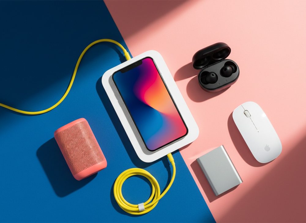 Smartphone num carregador sem fios com auscultadores, rato, altifalante e caixa num fundo azul e rosa
