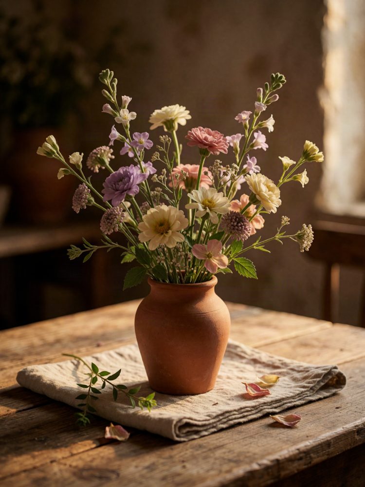 Arranjo de flores campestres coloridas num vaso de barro sobre mesa rústica com pano claro
