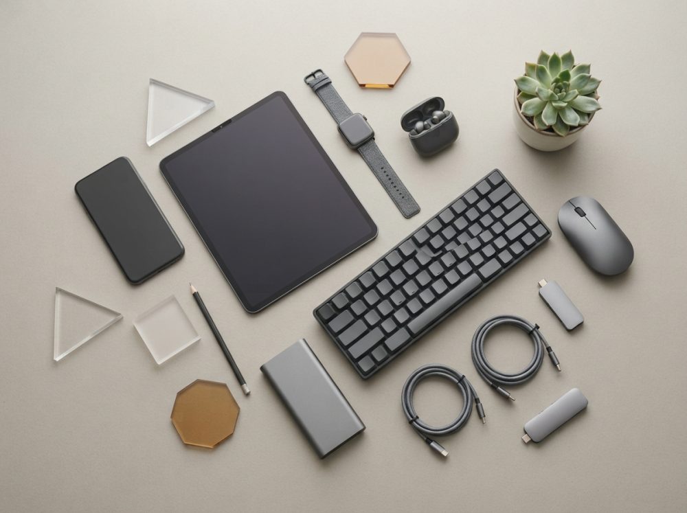 Dispositivos tecnológicos organizados com tablet, smartphone, teclado, rato, auriculares e acessórios