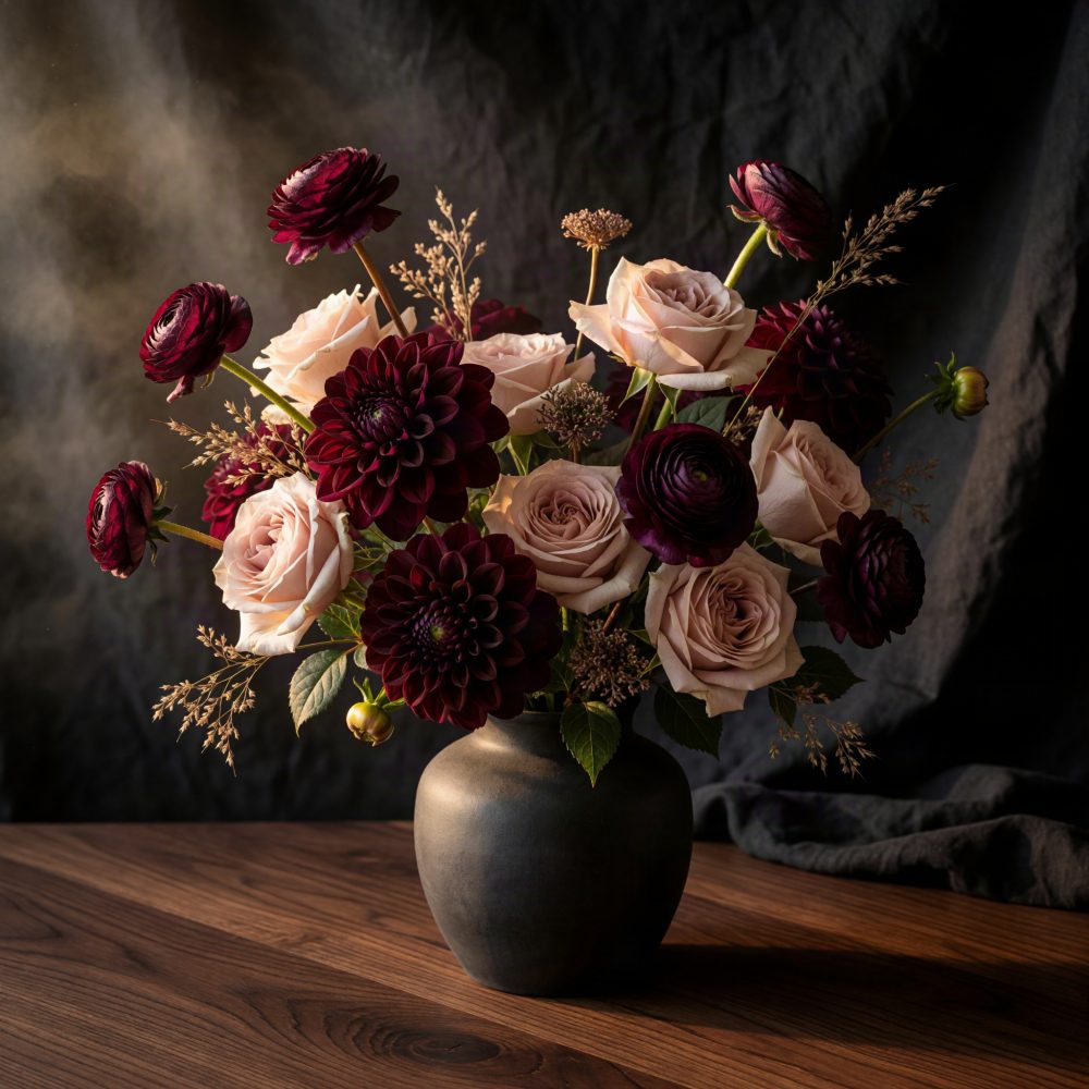 Arranjo floral com rosas champanhe e flores vinho em vaso escuro colocado numa mesa de madeira