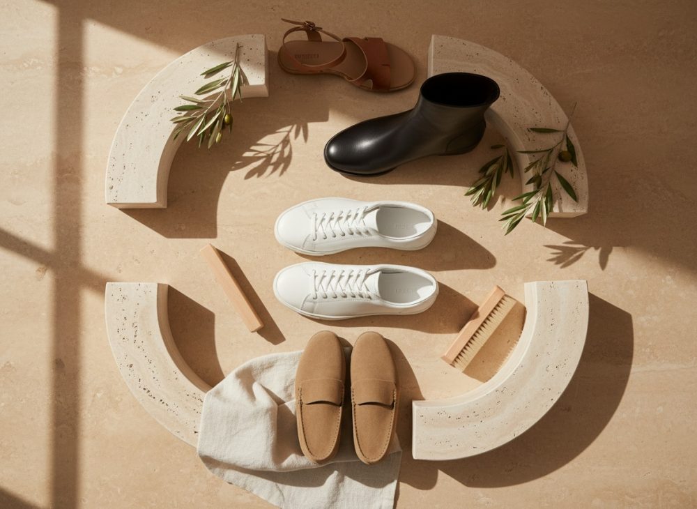 Conjunto de calçado masculino com sapatilhas, loafers, bota e sandálias sobre pedra clara com ramos verdes.