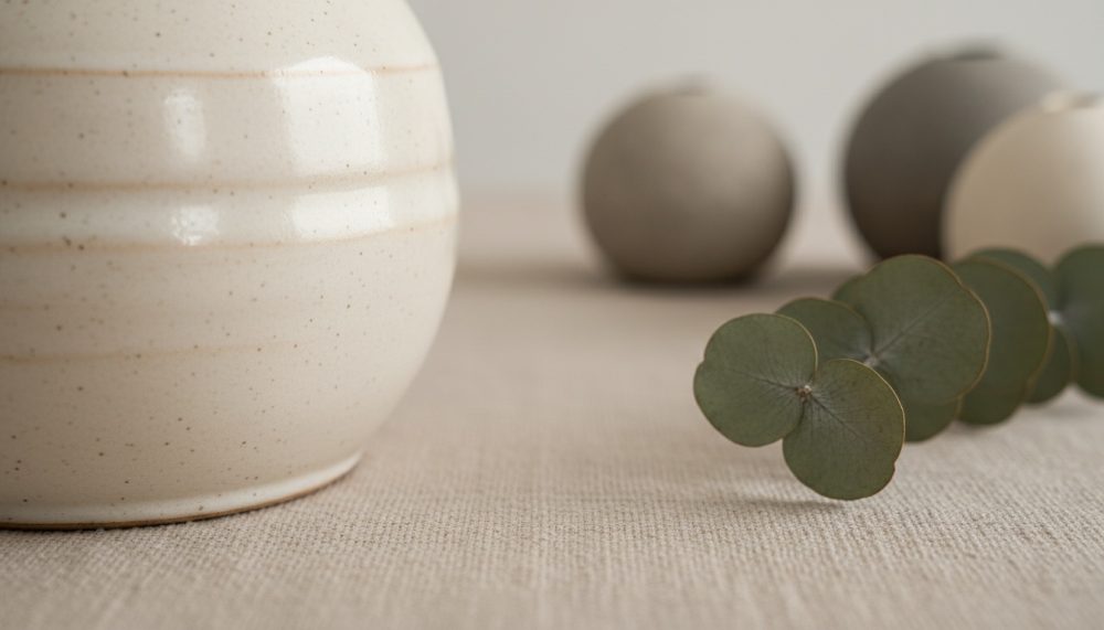 Vaso cerâmico creme, folhas verdes e esferas decorativas neutras sobre tecido bege