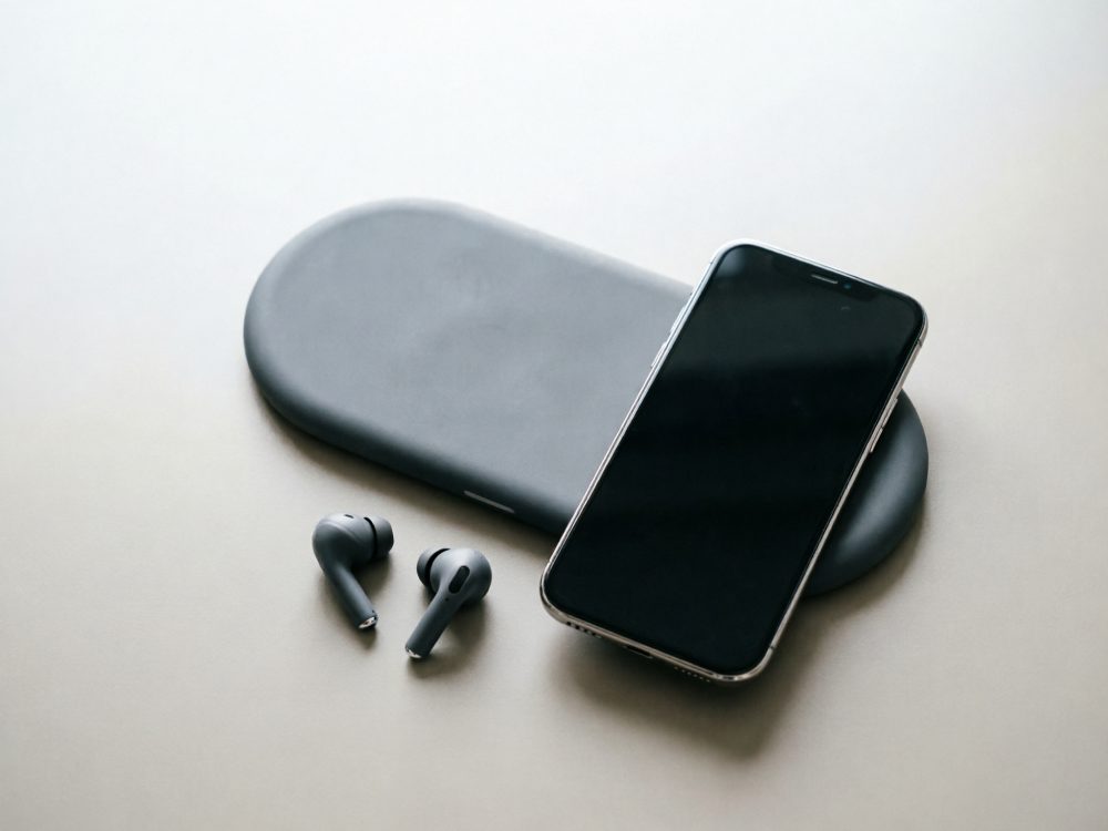Smartphone preto com auriculares wireless e base de carregamento cinzenta sobre superfície clara