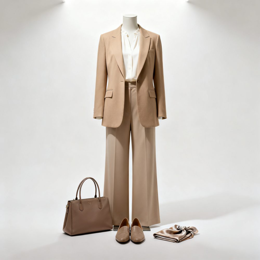Mannequim vestido com blazer e calças bege, sapatos, mala e lenço combinados em fundo branco