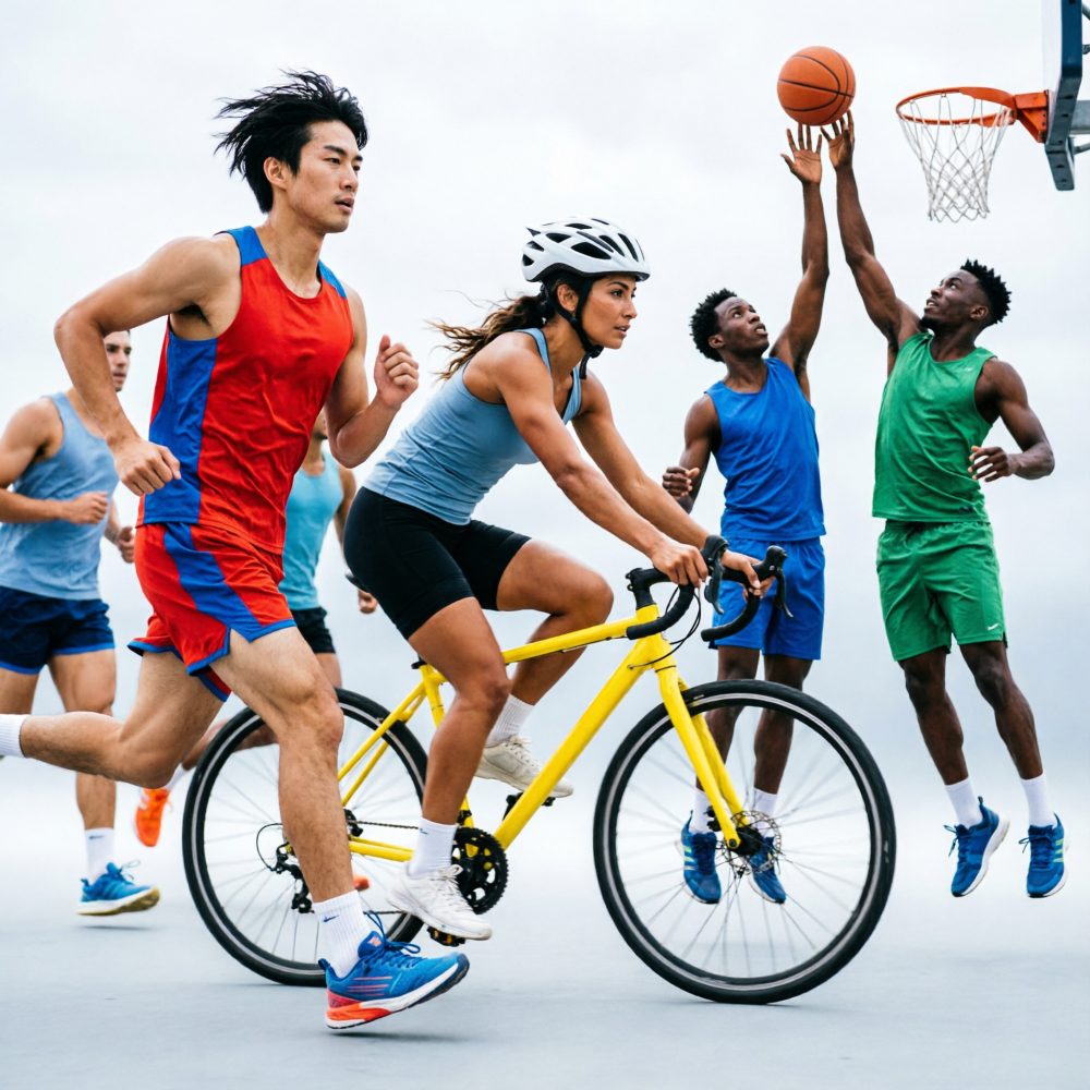 Grupo de jovens atletas praticando corrida, ciclismo e basquetebol com roupa desportiva colorida
