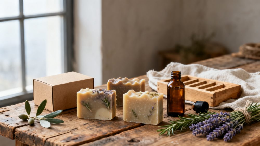 Sabonetes artesanais com ervas, caixa kraft, frasco âmbar e ramo de lavanda sobre mesa de madeira
