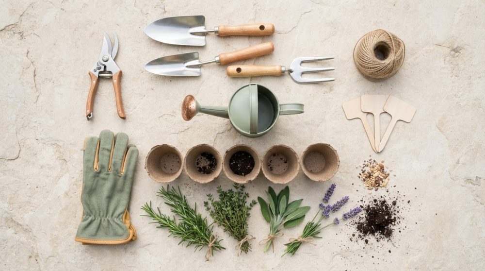 Ferramentas de jardinagem, vasos, sementes, regador e ervas aromáticas organizados sobre superfície clara