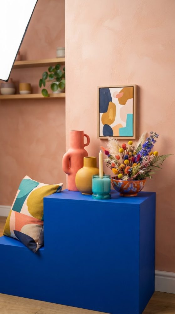Suporte azul com vasos de cerâmica, almofada estampada, flores secas e quadro abstrato numa parede rosa