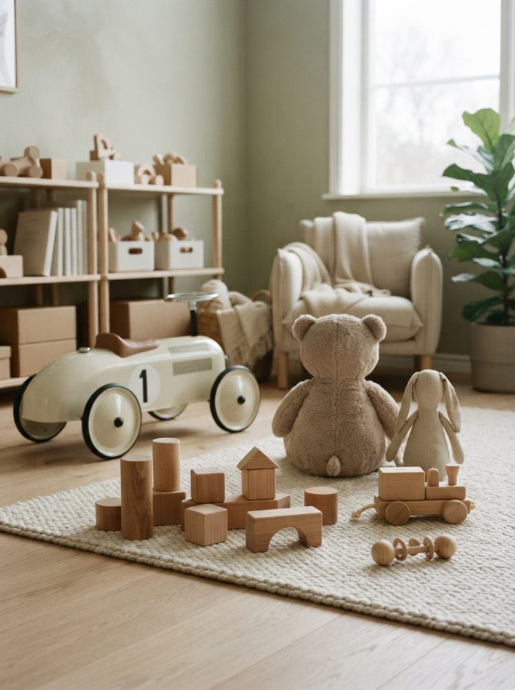 Brinquedos de madeira, peluches e carro infantil sobre tapete em quarto claro e organizado