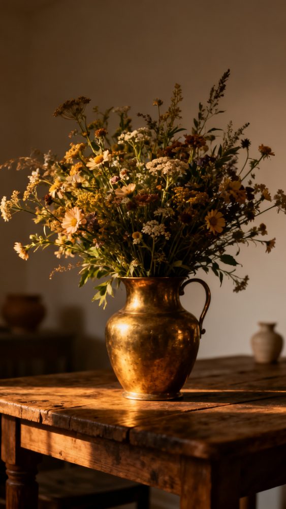 Arranjo de flores silvestres em jarra dourada antiga numa mesa de madeira rústica com luz quente