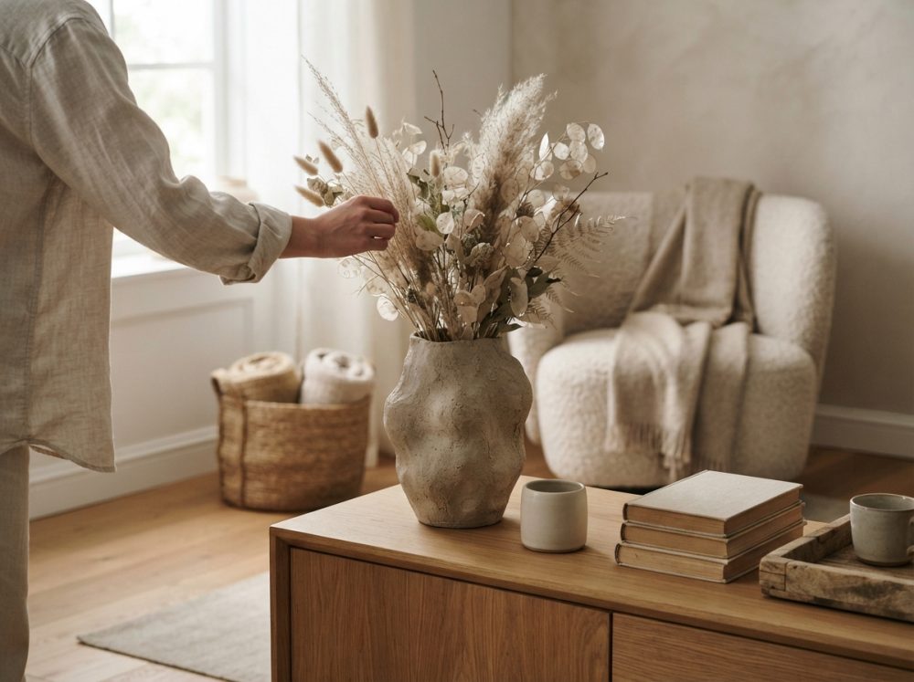 Vaso com flores secas na mesa em sala com poltrona e manta aconchegante