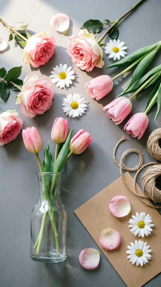Flores rosa e brancas com tulipas, rosas e margaridas sobre mesa com vaso e cordão rústico