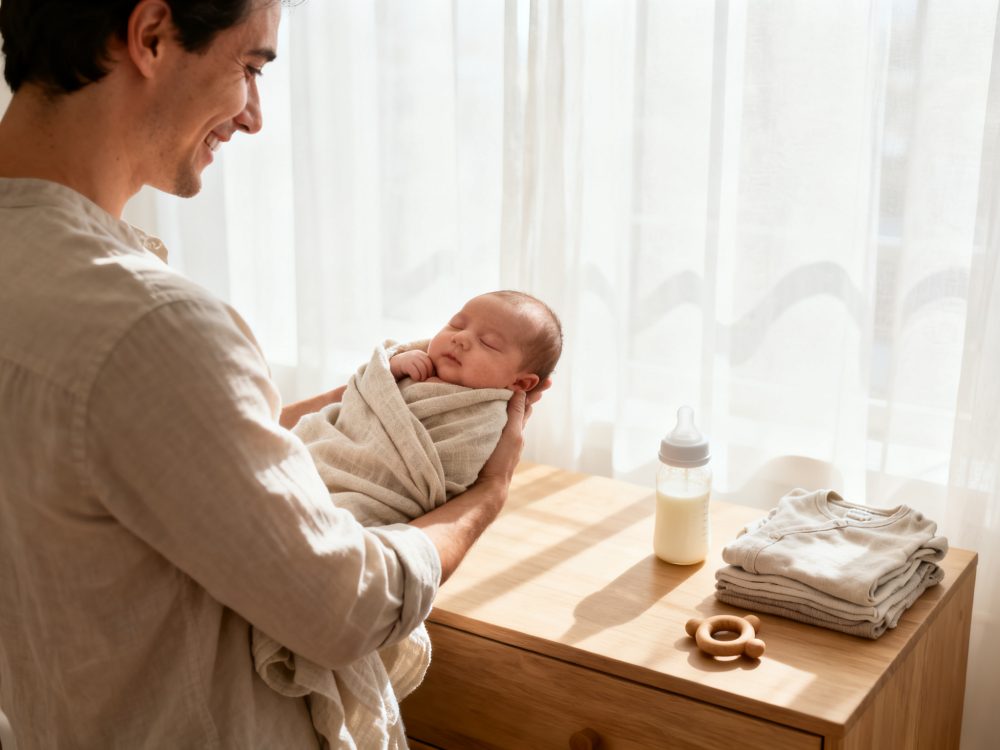 Pai feliz segurando bebé recém-nascido em manta bege junto a móvel com leite e roupa de bebé