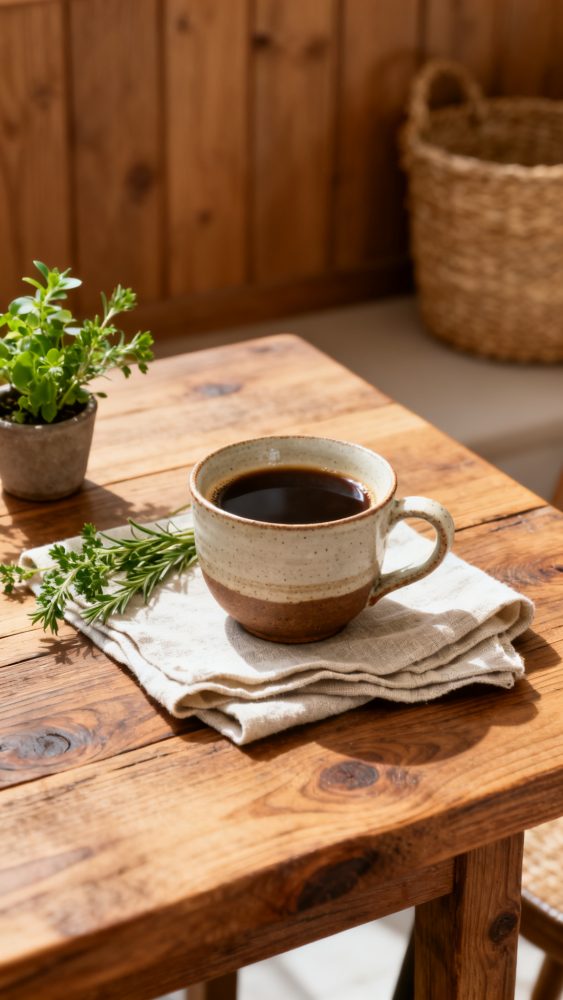 Chávena de café preto sobre guardanapo em mesa de madeira com ervas frescas num vaso pequeno