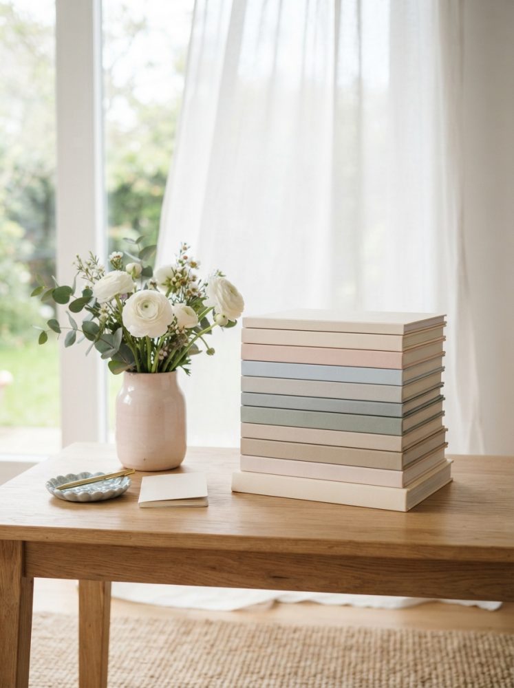 Mesa com pilha de livros de capas neutras e vaso com flores brancas junto à janela