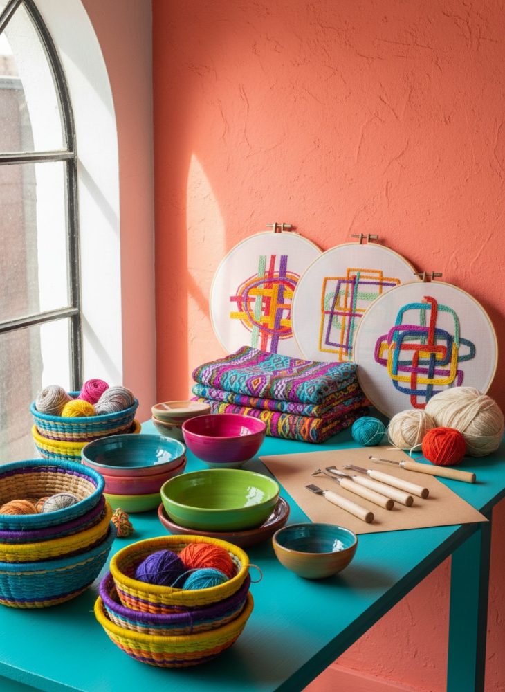 Mesa azul com cestos coloridos de lã, tigelas, bastidores bordados e ferramentas de pintura junto a parede salmão