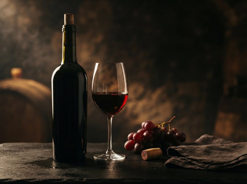 Garrafa de vinho tinto, taça com vinho, uvas vermelhas e rolha numa mesa escura rústica