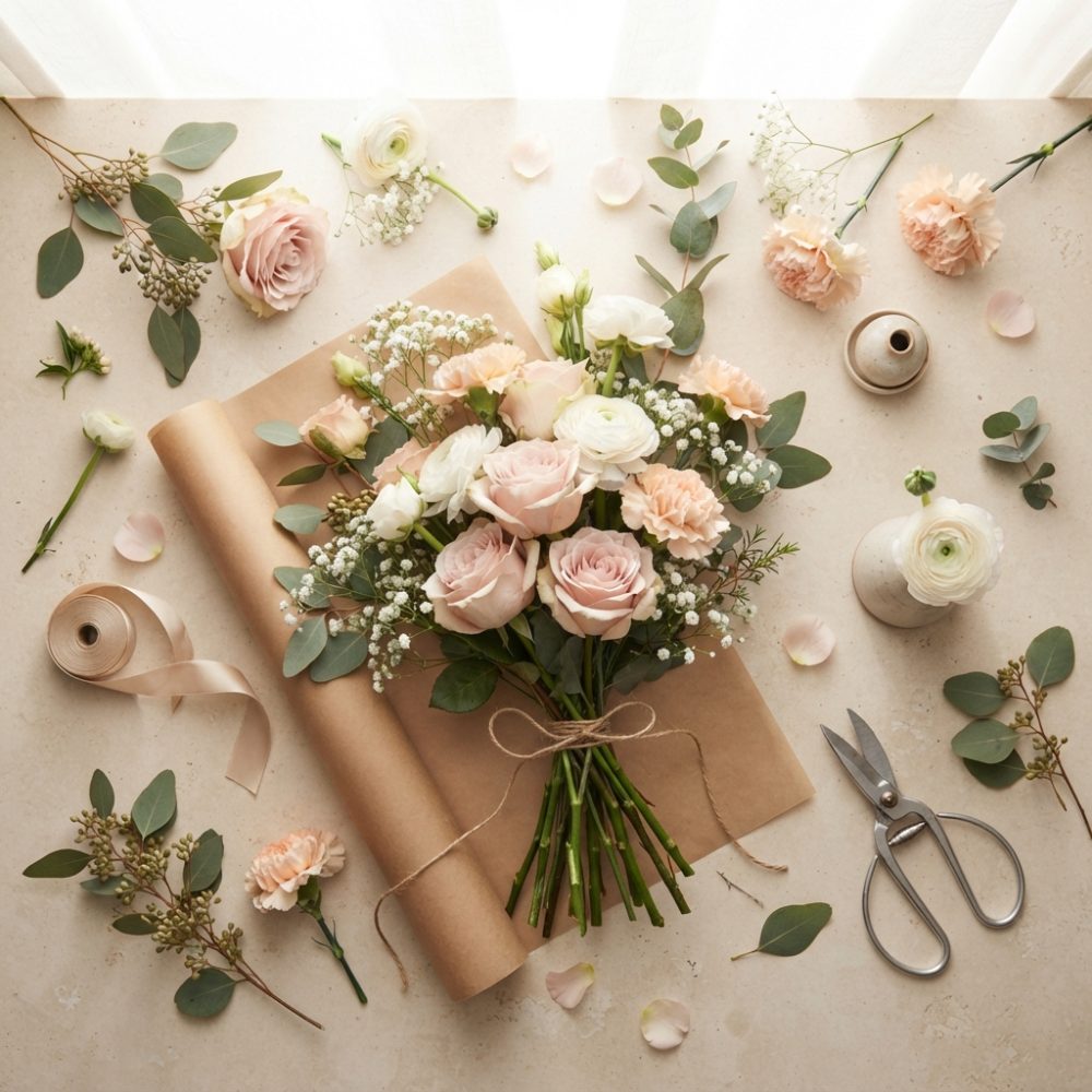 Bouquet de flores creme com rosas, cravos e eucalipto sobre mesa clara com papel kraft e ferramentas