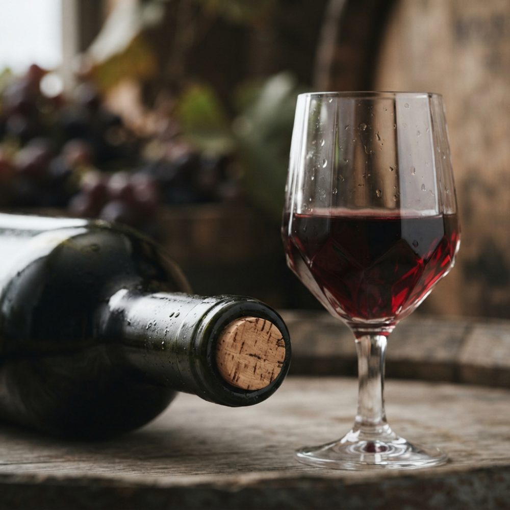 Garrafa de vinho tinto deitada com copo de vinho sobre barril de madeira rústico