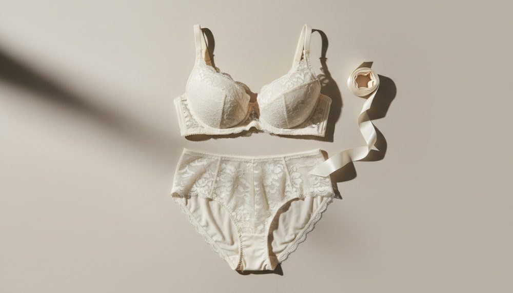 Conjunto de lingerie branca em renda com sutiã, cueca e fita de cetim enrolada em fundo neutro