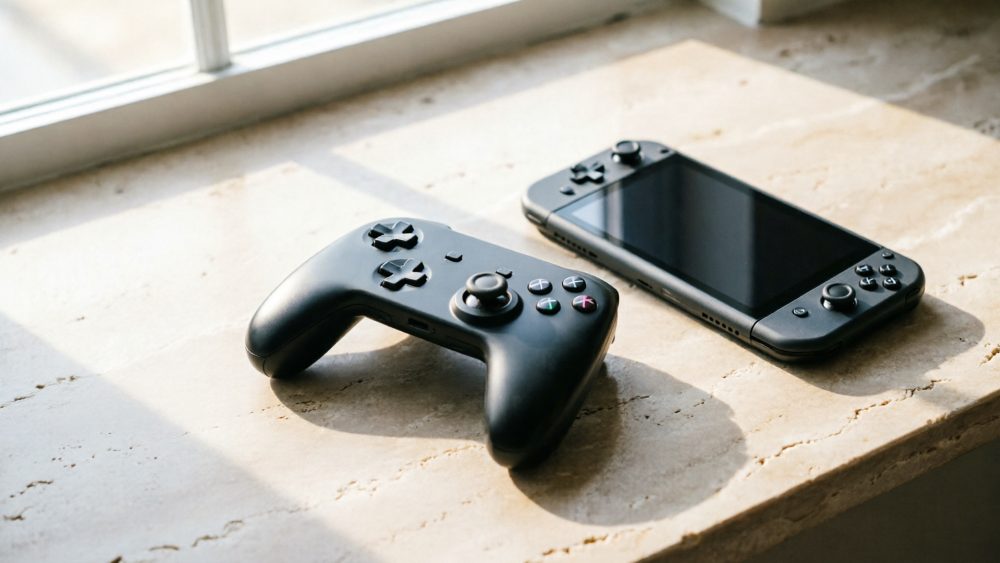 Comando de jogos preto e consola portátil preta sobre superfície de pedra com luz natural