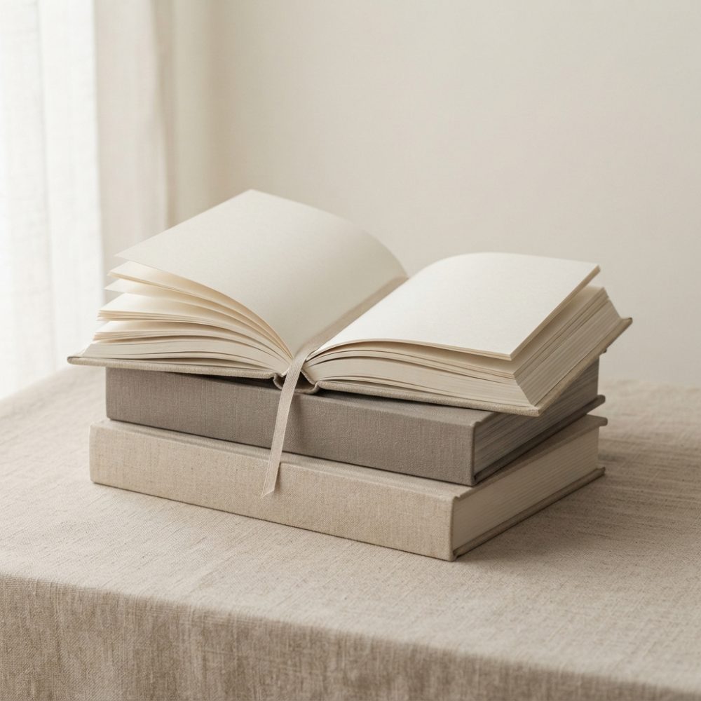 Livros de capa neutra empilhados com um aberto exibindo páginas em branco sobre mesa bege