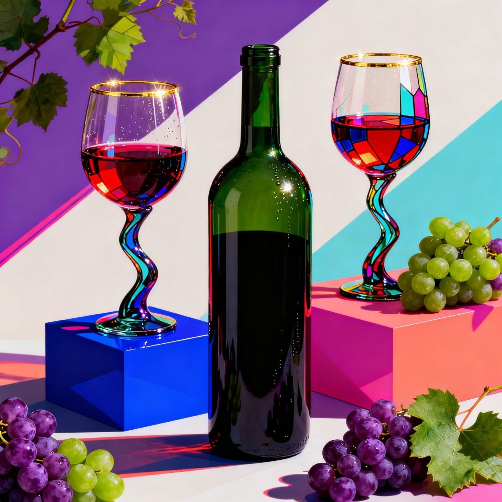 Garrafa de vinho tinto e dois copos coloridos com vinho, uvas verdes e roxas ao redor