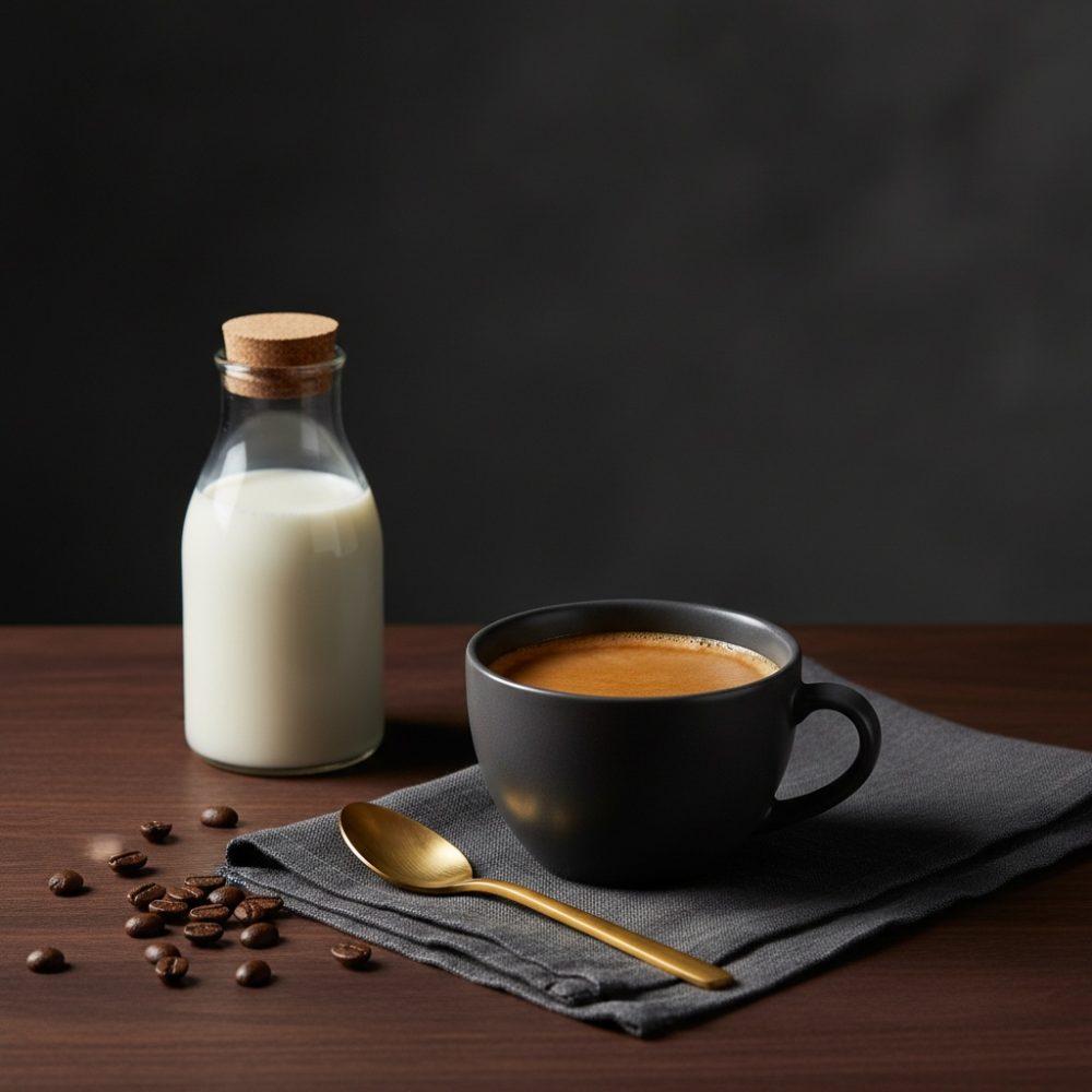 Chávena preta com café, colher dourada, garrafa de leite e grãos de café sobre mesa escura