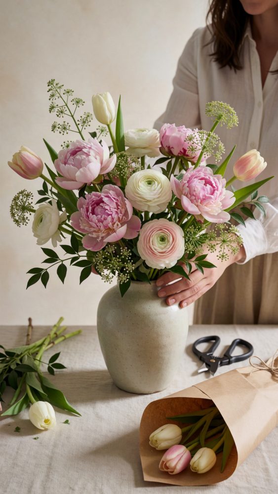 Pessoa a organizar arranjo floral com peónias, tulipas e ranúnculos num vaso cerâmico sobre mesa com ferramentas de florista