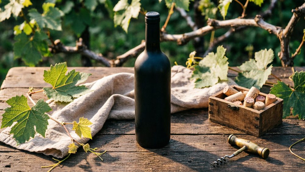 Garrafa de vinho preto numa mesa rústica com caixa de rolhas, saca-rolhas e folhas de videira ao fundo
